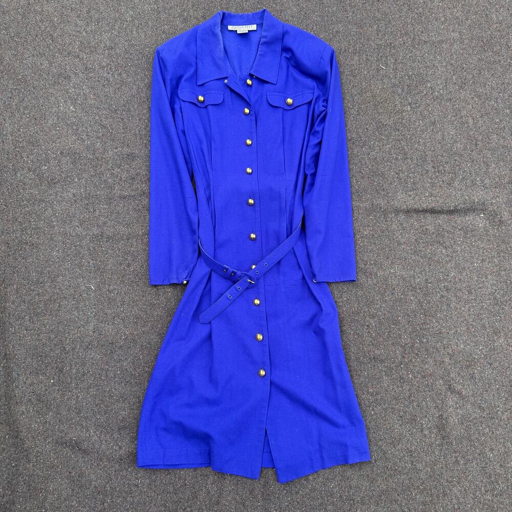 Women's Vintage 90's Argenti Blue 100% Pure Silk Belted Shirt Dress Sz 2 XS VTG